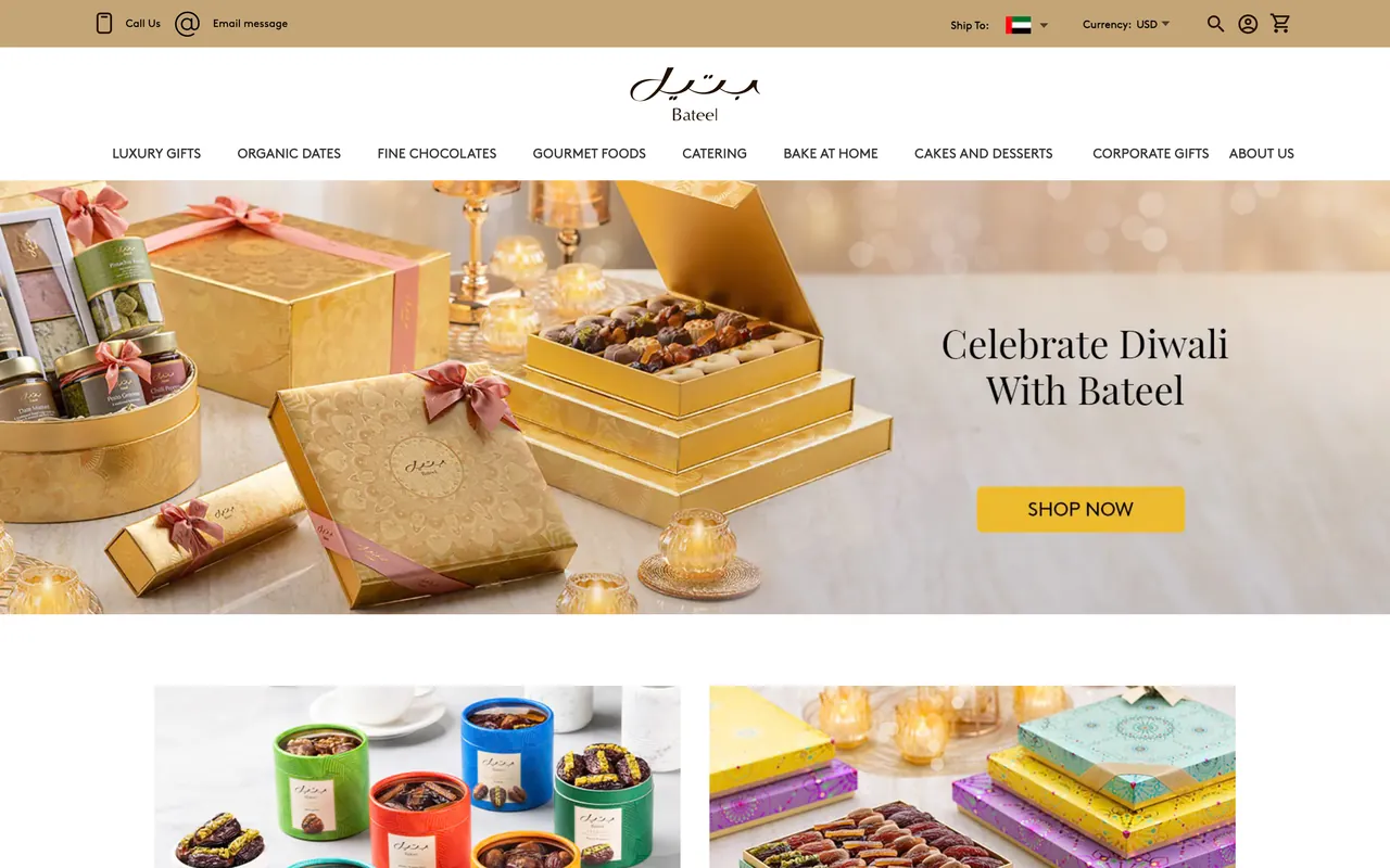 bateel.com homepage with navigation and a seasonal gift-box banner