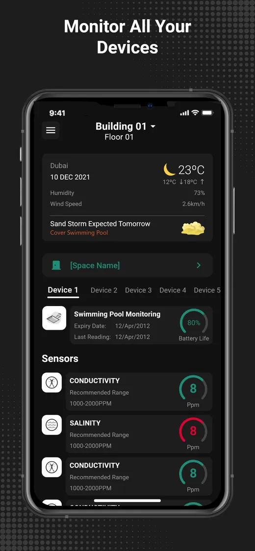 Ignite Shield App Store screenshot: building overview with devices and sensor values