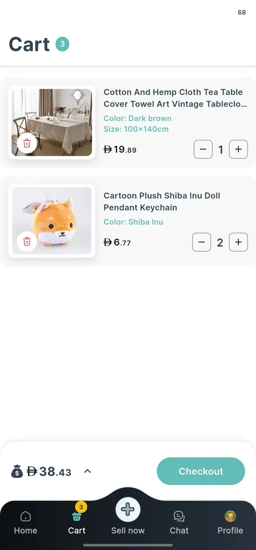 Shopping cart with two items, quantities and a checkout button